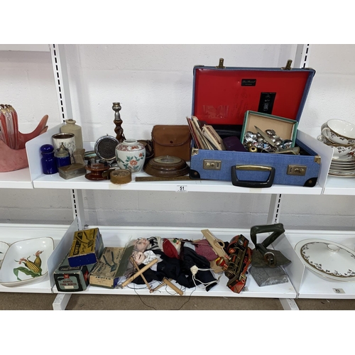 51 - Mixed miscellaneous vintage items including fishing reels, tools, puppets, cameras etc.