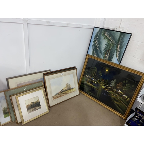 55 - A selection of pictures and prints including oriental paintings, watercolours by' Voss' etc.