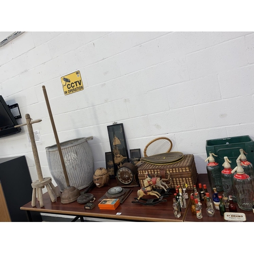 6 - Mixed miscellaneous items including soda syphons, wash bucket and mantle clock etc.