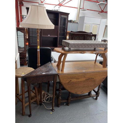 547 - A floor standing lamp, drop leaf dining table, coffee table etc.