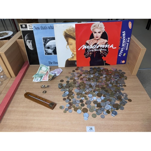28 - A silver ' wasp' brooch, a collection of world coins and notes, some LP's including Madonna and The ... 