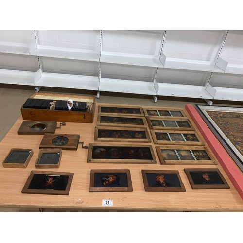 31 - A wooden slide box with antique Magic Lantern slide and a complete set of 40 Stanley Livingstone sli... 