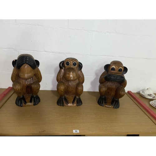 52 - 3 large wooden wise monkey figures