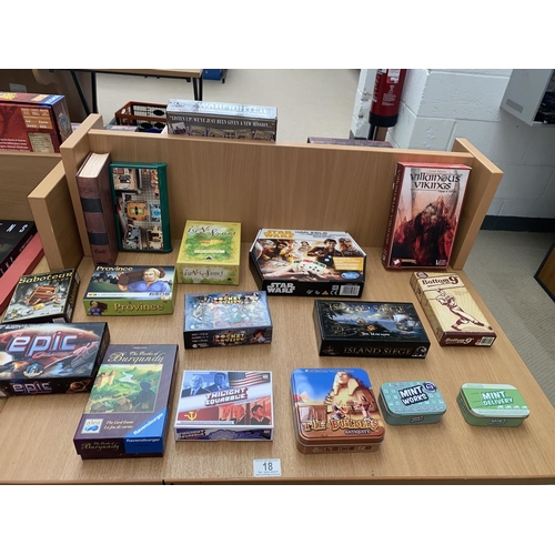 18 - Small box board games including Tortuga, Mint Works, Cards of Burgundy, Bottom of the 9th, Villainou... 