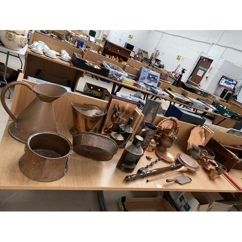 1 - Copper pan, jug, trays, Starboard bullseye lantern including an arts and craft hand beaten copper ju... 