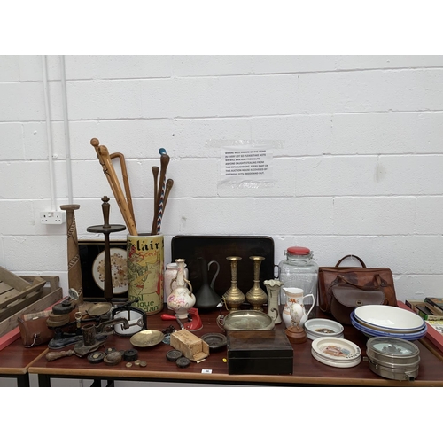 46 - Mixed vintage items including walking sticks, Salter scales, weights, bowls in bag etc.