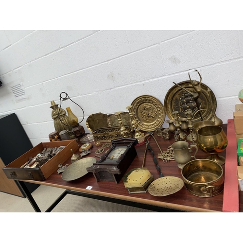 5 - Brass chargers, brass bell, bowl, silver plated flatware etc.