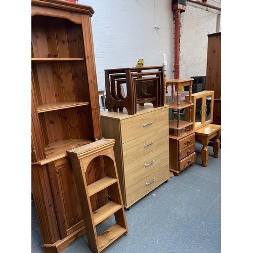 338 - A quantity of furniture to include corner cabinet, chest of drawers, tables, lamp etc.