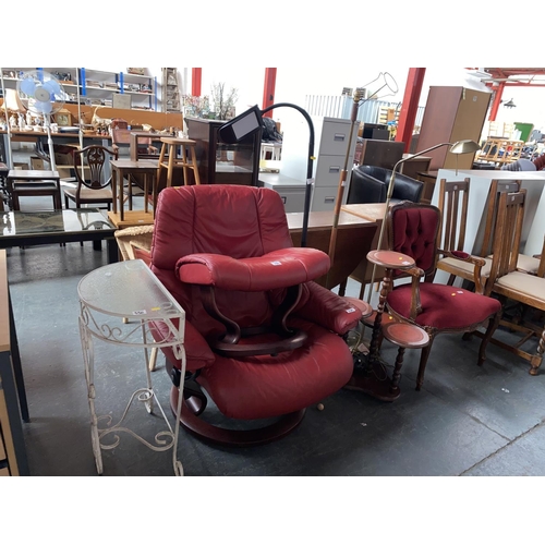 350 - A quantity of furniture including red leather swivel chair and footstool, side table, plant stand, l... 