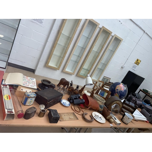 38 - A vintage lot with binoculars, clocks, brass vesta, globe , GPO items etc.
