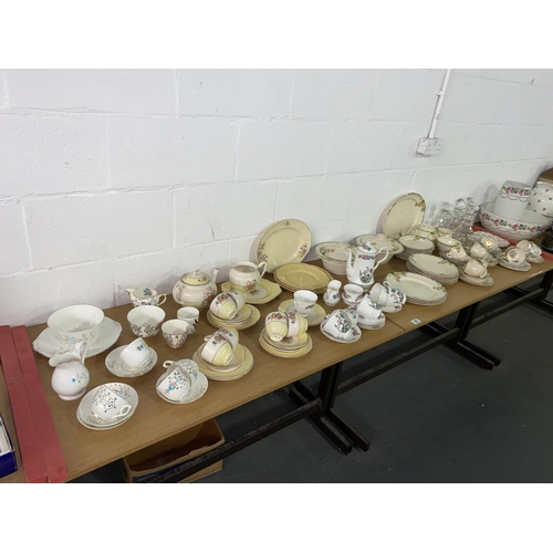 60 - A Crownford part dinner service, fine china tea sets, crystal decanters etc.