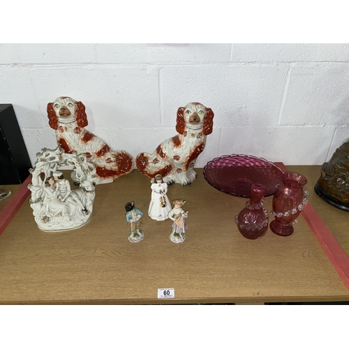 60 - Staffordshire flat back figures, a pair of Dresden figurines, cranberry glass etc.