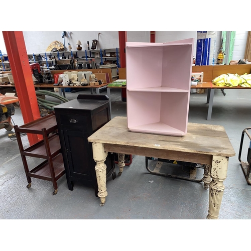 757 - A pine table for restoration, corner shelving unit, hostess trolley and a wooden one drawer, one doo... 