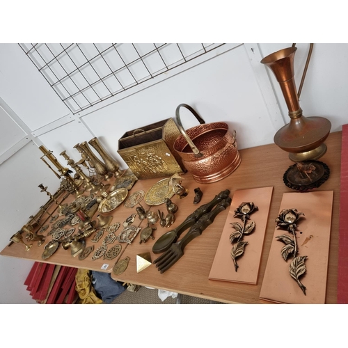 48 - A selection of brass and metalware including candlesticks, horse brasses etc.