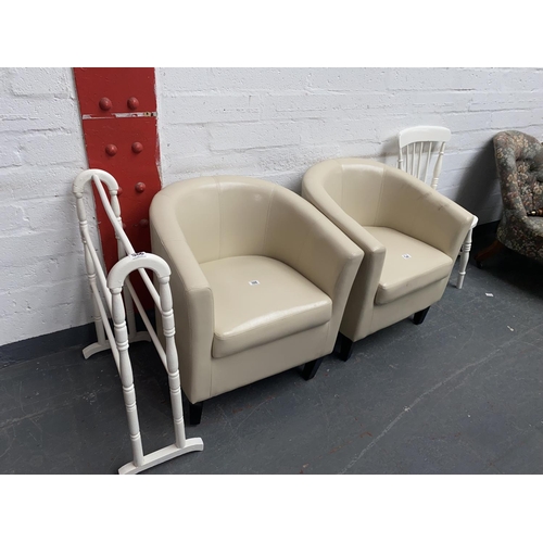 506 - Two tub chairs, white chair and towel rail