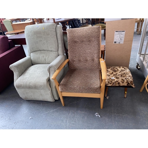 523 - An electric reclining armchair, a highback armchair and a stool