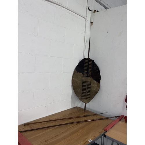 100 - An antique Zulu shield (cowhide) and two Assegais (throwing spears), cowhide on the shield measuring... 