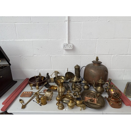 2 - A quantity of brass and copper to include figures, bowls etc.