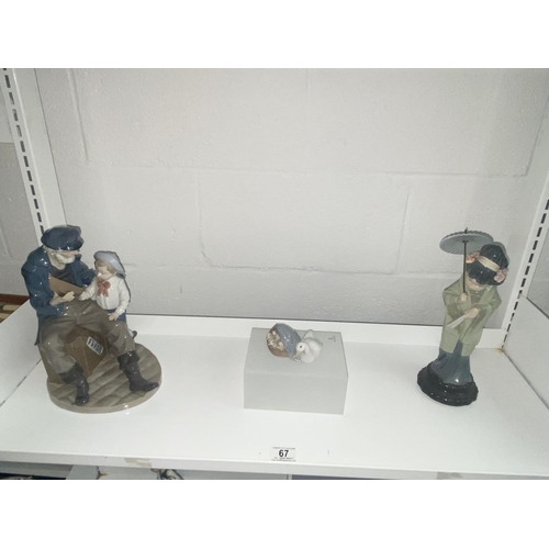 67 - A Lladro large fisherman and young boy figure, Lladro oriental lady figure and a Lladro goose with g... 