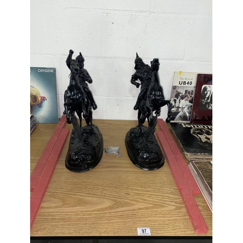 97 - A pair of Spelter warrior figures on horseback