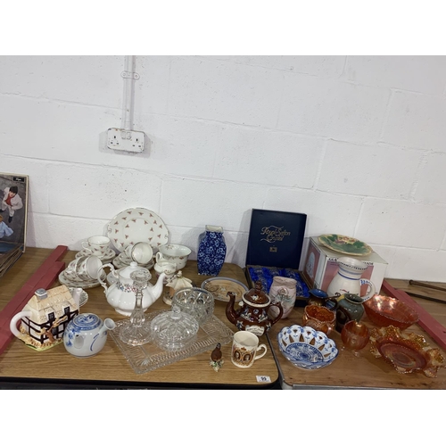 99 - Carnival glass, boxed Royal Sefton crystal glasses, Wedgwood Majolica plate, salt glazed tea pot, ar... 