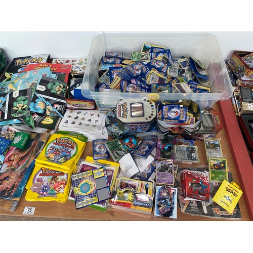 75 - A large quantity of vintage Pokemon gaming cards - loose and in sealed packs , Pokemon pin badges an... 