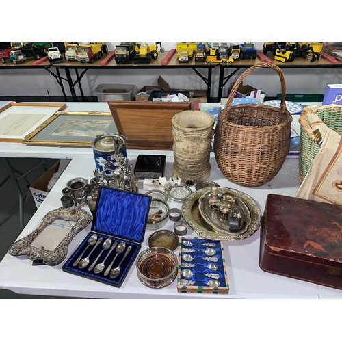 110 - Vintage items to include silver plate, Japanese boxed tea set, coal box, baskets, chandeliers etc.