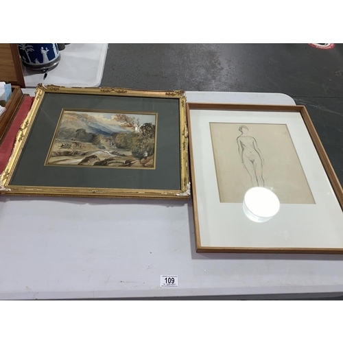 109 - A pencil drawing of a nude and a gilt framed watercolour of a landscape