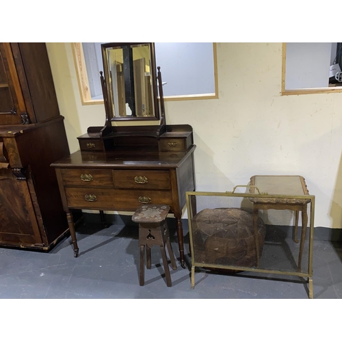 120 - An Edwardian mahogany dressing chest, two side tables, a leather stool and a brass fire screen