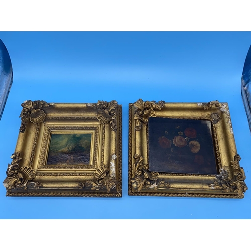 194 - Two early gilt framed oil on board original paintings; one depicting a battle scene and one still li... 