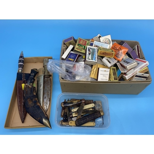 179 - Vintage matchboxes and penknives, tourist knives etc