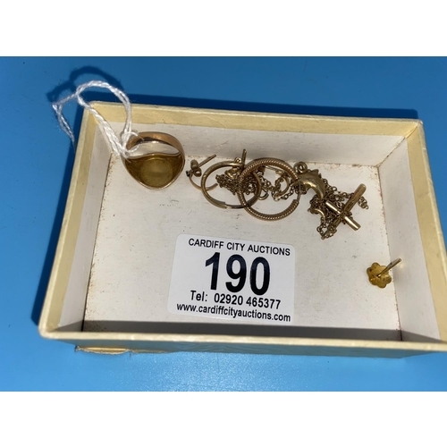 190 - A 9k gold signet ring, earrings, crucifix and chain, pendant etc - total weight 8.6 grams