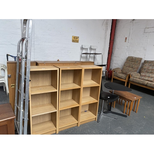 535 - Mixed furniture to include three bookcases, black table and chair etc.