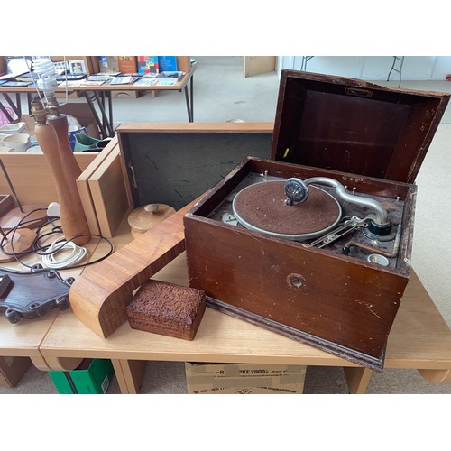40 - An oak barometer, His Masters Voice gramophone (needs attention) , writing box, bowls, tea caddy, tr... 