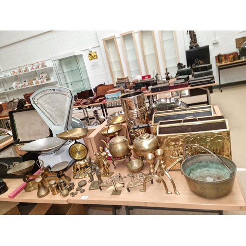 28 - A set of Avery shops weighing scales and Avery weights, kettles, magazine racks etc.