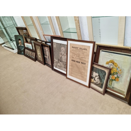 47 - A collection of pictures, prints including two oil on board, framed Barry Island auction information... 