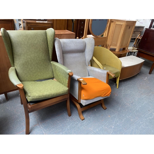 542 - Lloyd loom style wicker chair, two wingback chairs and an ottoman