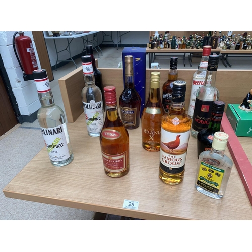 28 - A selection of spirits including Whyte & Mackay scotch whisky, Martell Cognac, Sambuca, The Famous G... 
