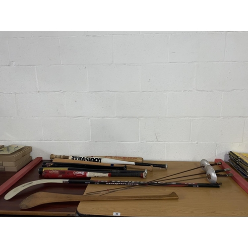 59 - Six baseball bats, ice hockey sticks and three fencing foils including Leon Paul