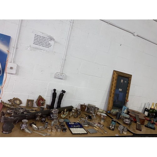 61 - Mixed miscellaneous items including silver plate, ships in bottles, oriental bowls and figures and a... 