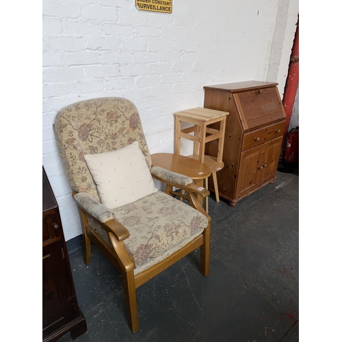 511 - Furniture to include pine bureau, pine frame armchair ,coffee tables etc.