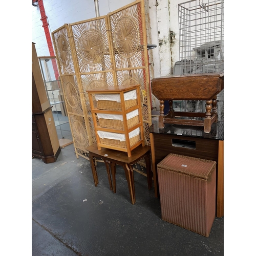 531 - A folding screen, nest of table, oak drop leaf coffee table, wicker basket etc.