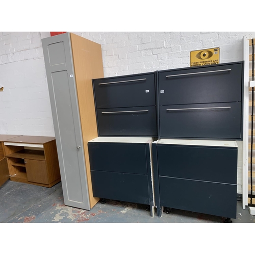 565 - Two Farrow & Ball colour base units and two wall units with metal bar handles and a kitchen larder- ... 
