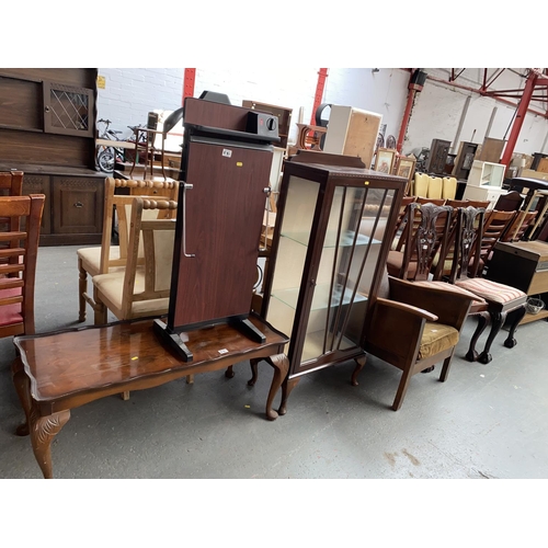 581 - Mixed furniture to include display cabinet, armchair, trouser press etc.