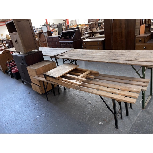 526 - Two pine benches, a folding desk, pine filing cabinet etc.