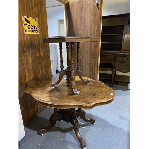 105 - A walnut veneered tilt top table and a mahogany inlaid lamp table