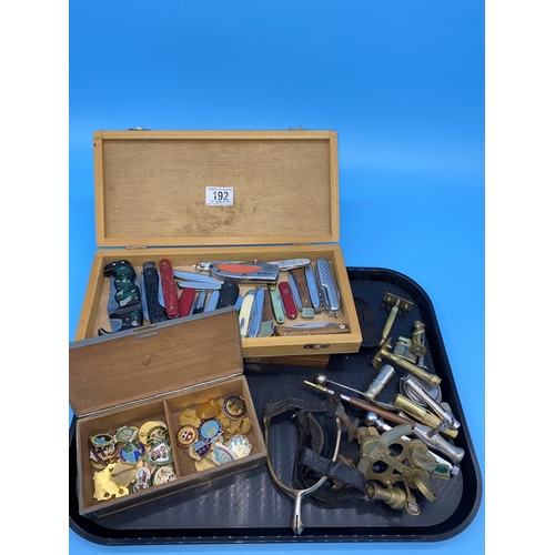192 - A collection of vintage items including bowling club pin badges, Swiss Army knives, brass whistles e... 
