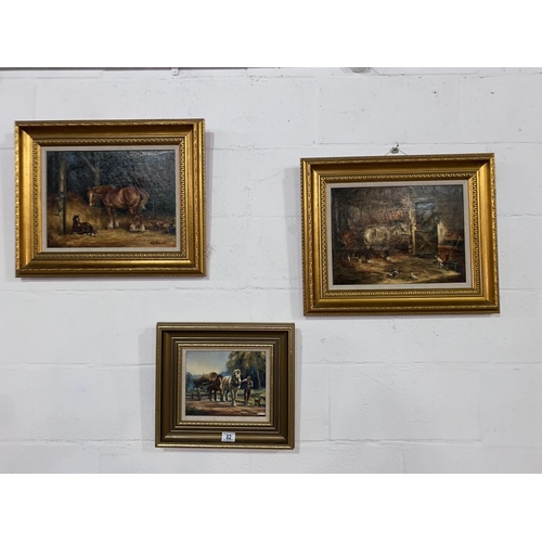 82 - A pair of original oil on canvas framed barn scene paintings of horses and farm animals by Claire Ve... 