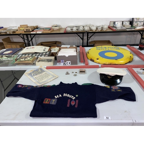 92 - 1956 Sea scouts jumper with Queens scout badge and letter signed by Queen, hat, belt buckle and scou... 