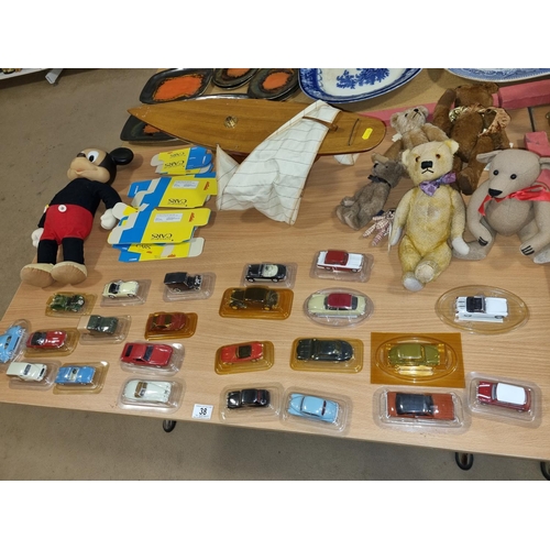 38 - Vintage Corgi cars, Mickey Mouse, teddy's and a wooden sailing boat on stand